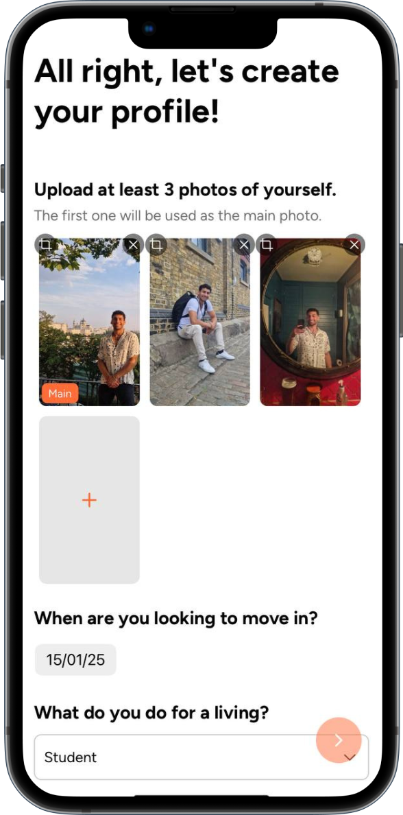 BeRoomie app profile creation screen showing lifestyle and preference settings
