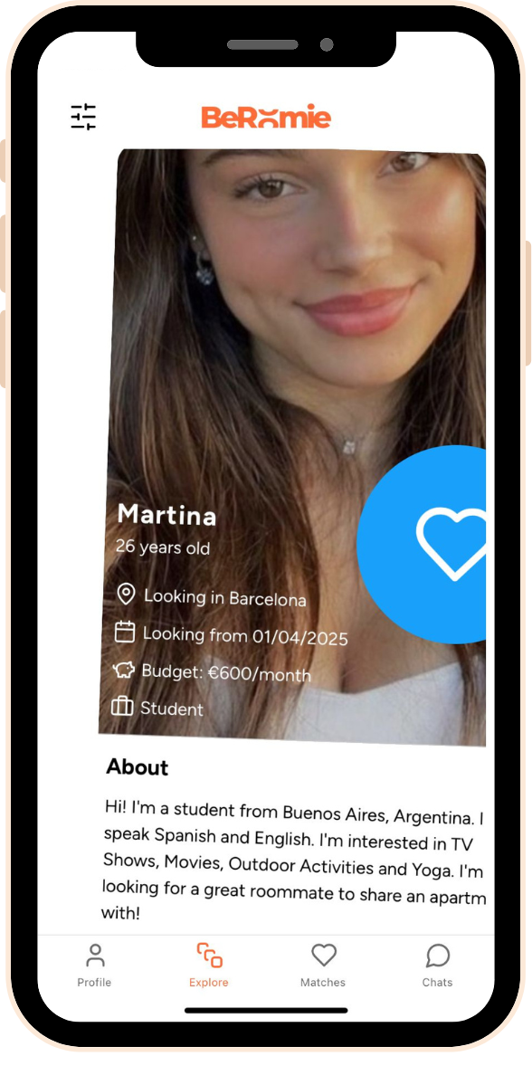 BeRoomie app filter and swipe interface for discovering compatible roommates