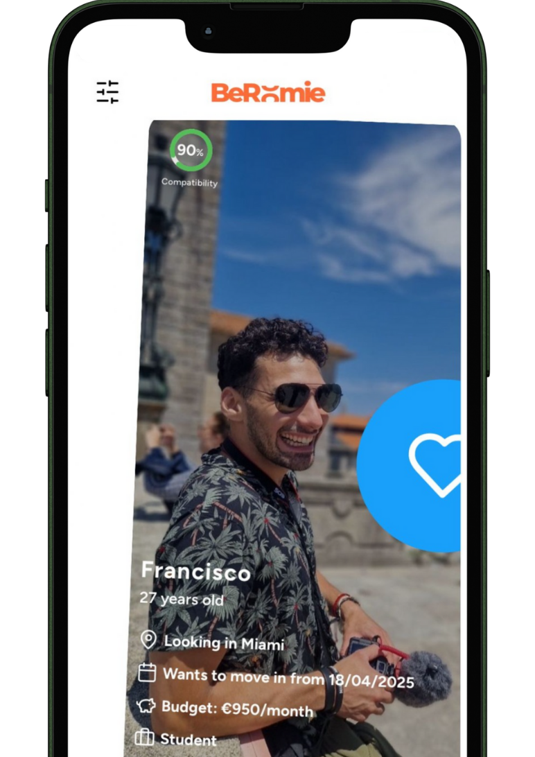 BeRoomie roommate matching app interface showing lifestyle compatibility features