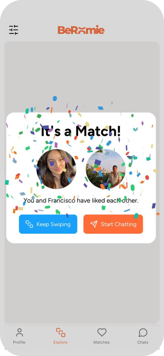 BeRoomie app chat feature for communicating with matched roommates